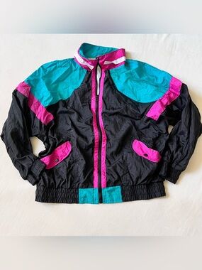 Vintage Men's Black Teal & Magenta Lightweight Jacket 90s bold colors bright